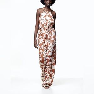 Zara nwt floral printed boho halter satin effect wide leg jumpsuit with chain